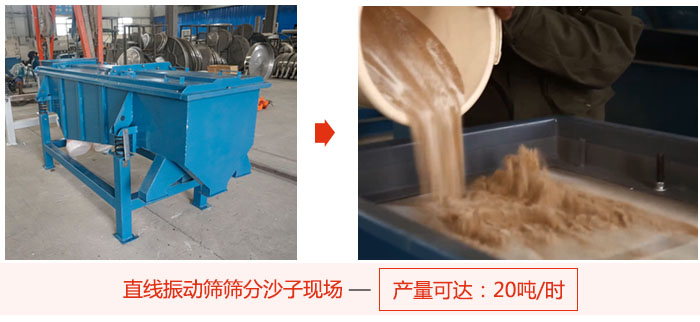 直線振動篩篩分沙子現場展示，產量高達20噸每小時。