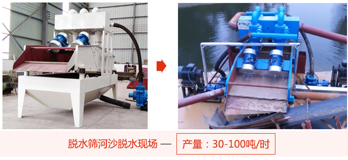 脫水篩河沙脫水現場，產量可達100噸每小時。
