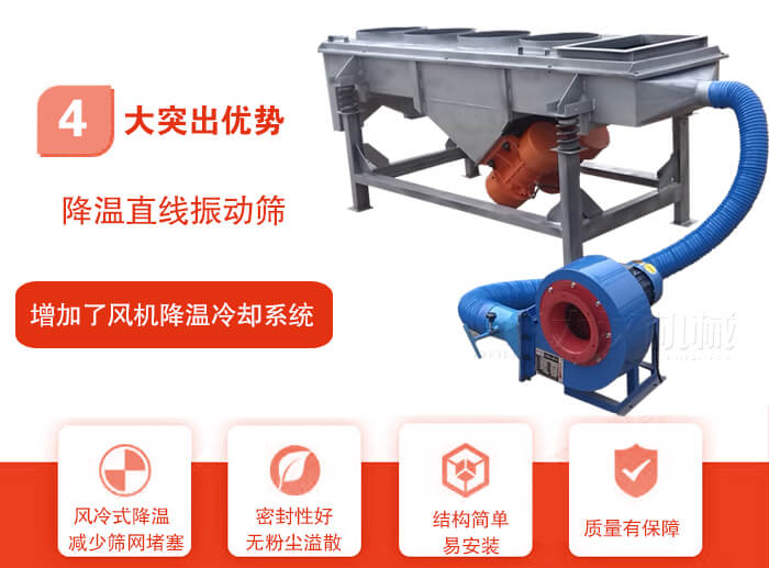 降溫直線振動篩性能特點：1，技術成熟，質(zhì)量可靠，篩分精度高，處理量大。2，風冷式降溫系統(tǒng)設計，快速有效降溫。3，適用范圍廣，可應用于各種需要降溫的物料。4，設計精巧合理，結(jié)構(gòu)簡單，易安裝，耗能少，噪音低5，篩網(wǎng)使用壽命長，換網(wǎng)更方便，快捷6，設備整體密封性好，無粉塵溢散。