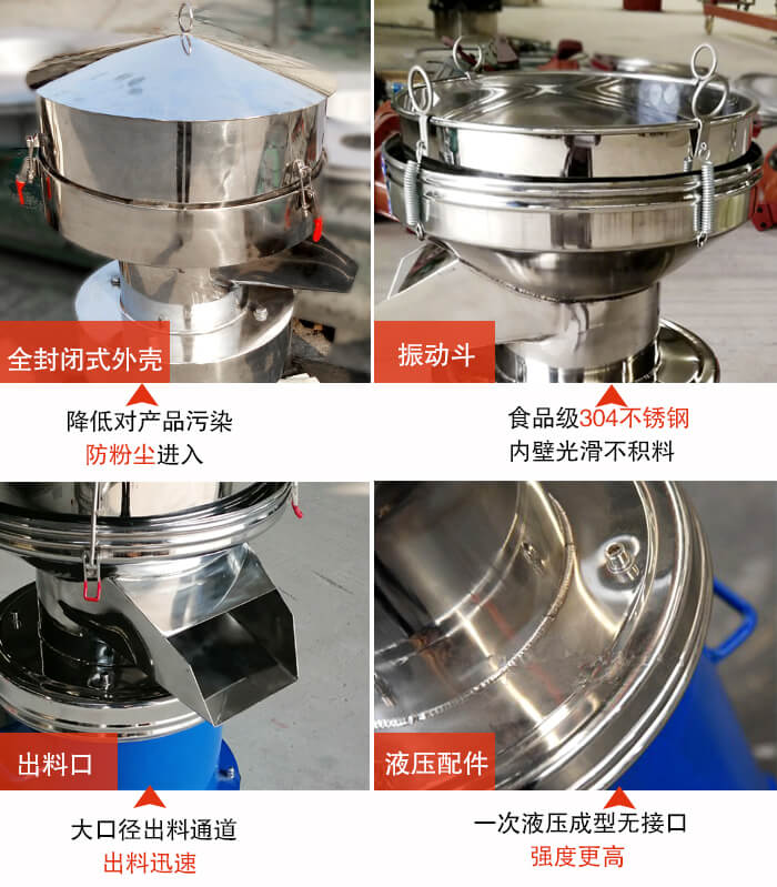 450過濾篩機結(jié)構(gòu)組成：全封閉式外殼設(shè)計：對產(chǎn)品的污染低，防塵粉進入電機內(nèi)部延長設(shè)備壽命。振動斗：食品304不銹鋼篩斗，內(nèi)壁光滑不存在積料現(xiàn)象。出料口，大口徑出料通道，出料迅速，提高工作效率。液壓配件：一次液壓成型無接口強度更高。