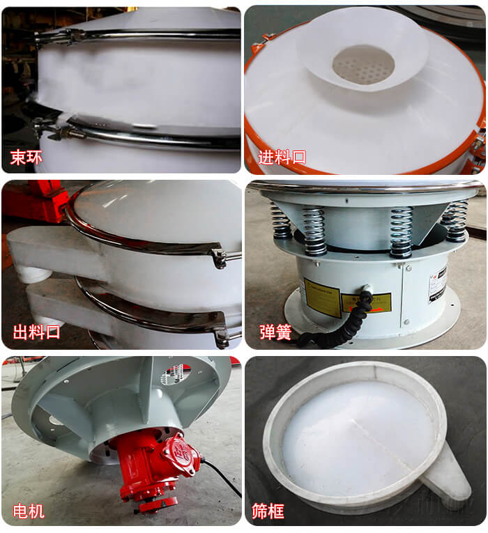 塑料防腐蝕振動篩細節:進料口，框體，網架底框，出料口等。